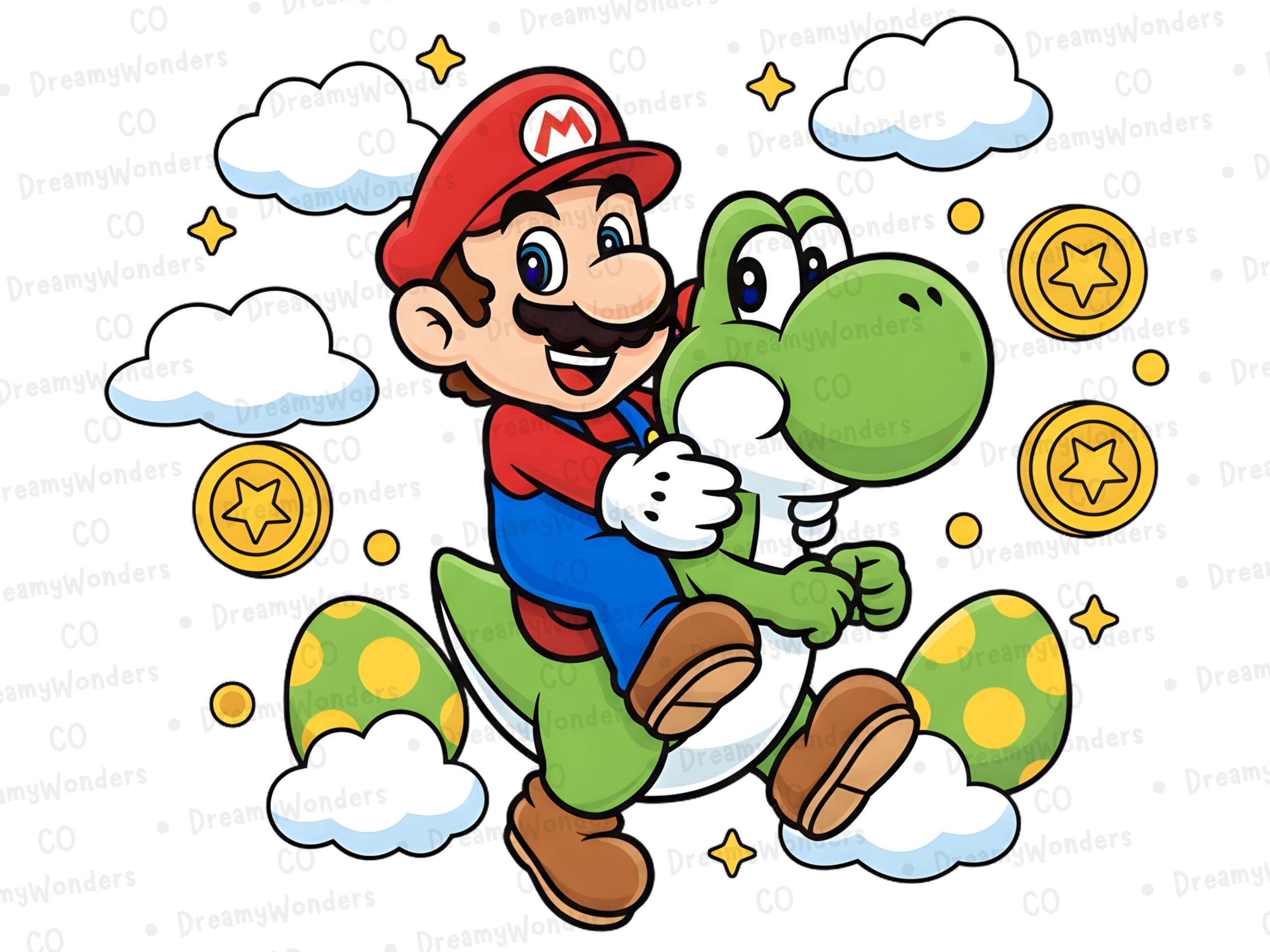Mario Riding Yoshi PNG Adventure Cartoon Design - Commercial Use ...