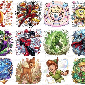 K&ouml;nnte beinhalten: Eine Sammlung farbenfroher Cartoon-Charakter-Illustrationen. Die Bilder zeigen einen roten Drachen, Deadpool mit Waffen, ein Togepi, SpongeBob und Patrick, den Joker, Harley Quinn, den Hulk, Thor, Dschinni, Bambi, Peter Pan und Link.