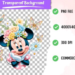 May include: A cartoon illustration of Minnie Mouse wearing a flower crown with pink and white polka dot dress. She is surrounded by butterflies and flowers.
