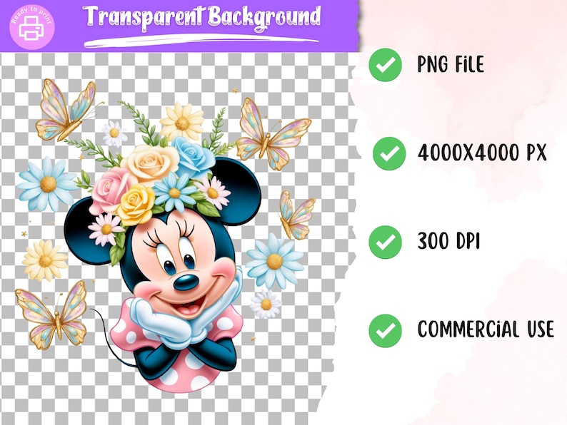 May include: A cartoon illustration of Minnie Mouse wearing a flower crown with pink and white polka dot dress. She is surrounded by butterflies and flowers.