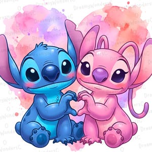 May include: A digital illustration featuring Stitch and Angel from Lilo & Stitch. Stitch is blue, Angel is pink, and they are making a heart shape with their hands. A watercolour heart in pink and purple is in the background.