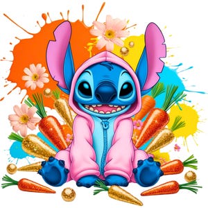 Digital cute Stitch Easter Carrot Bunny Splash PNG Design Clipart -commercial use, instant download ,cricut, sublimation, t shirt, mug, boy