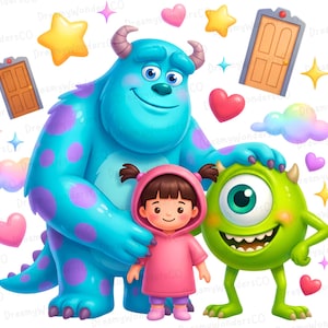 May include: A digital illustration featuring characters from the movie Monsters, Inc. Sully, a large blue monster with purple spots, stands with Boo, a girl in a pink hooded outfit, and Mike Wazowski, a green one-eyed monster. Decorative elements include stars, hearts, and doors.
