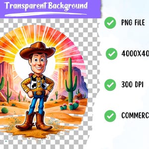 May include: A cartoon illustration of Woody from Toy Story standing in a desert landscape with cacti and a sunset in the background. The image has a transparent background.