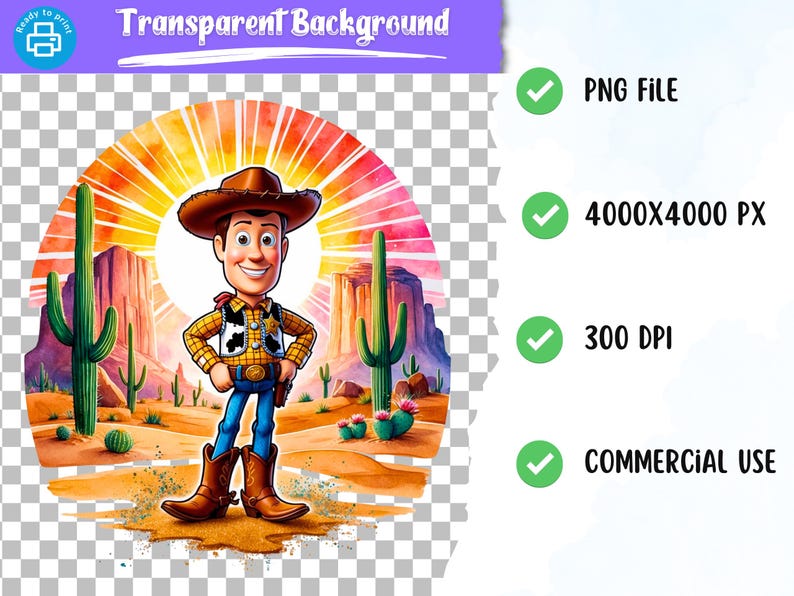 May include: A cartoon illustration of Woody from Toy Story standing in a desert landscape with cacti and a sunset in the background. The image has a transparent background.