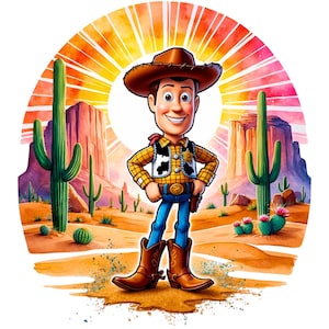 May include: A cartoon illustration of Woody from Toy Story, standing in a desert landscape with cacti and mountains. He is wearing his signature cowboy hat, vest, and jeans. The background features a watercolor-style sunset.