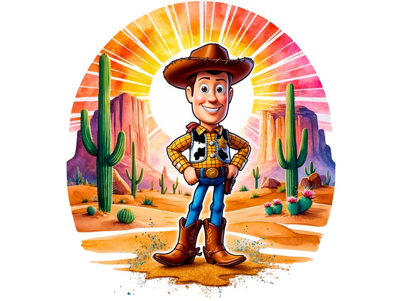 May include: A cartoon illustration of Woody from Toy Story, standing in a desert landscape with cacti and mountains. He is wearing his signature cowboy hat, vest, and jeans. The background features a watercolor-style sunset.