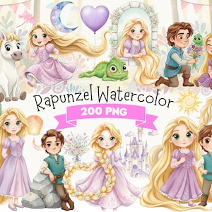 May include: A watercolour illustration of Rapunzel and other characters. The image includes Rapunzel with long blonde hair, a chameleon, a horse, and a castle. The text "Rapunzel Watercolor 200 PNG" is displayed on a pink banner.