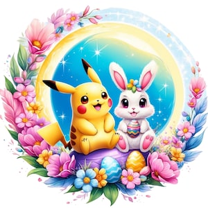 Digital Cute Pikachu Easter Bunny Moon PNG Design Clipart -commercial use, instant download ,cricut, sublimation, t shirt, mug, bag, kids