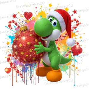 May include: A green cartoon character in a Santa hat, holding a large red Christmas bauble with gold detailing. The background includes colourful paint splatters, candy canes, and hearts, creating a festive holiday theme.