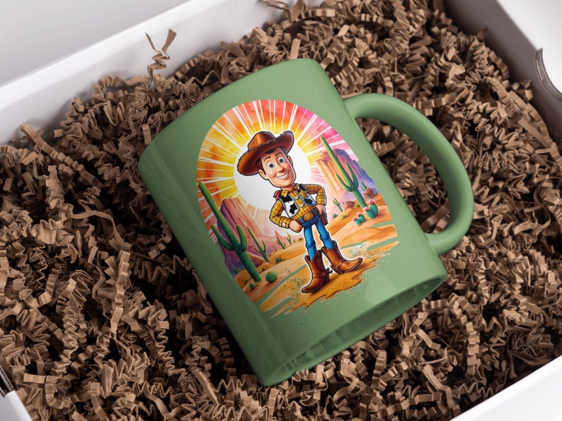 May include: A green ceramic mug with a cartoon image of Woody from Toy Story. Woody is standing in a desert landscape with a sunset behind him. The mug has a handle on the right side.