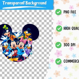 May include: A colorful graphic featuring Disney characters Mickey Mouse, Minnie Mouse, Donald Duck, Daisy Duck, Goofy, and Pluto. The image is set against a transparent background and includes text indicating it is a PNG file, high quality, 300 DPI, and for commercial use.