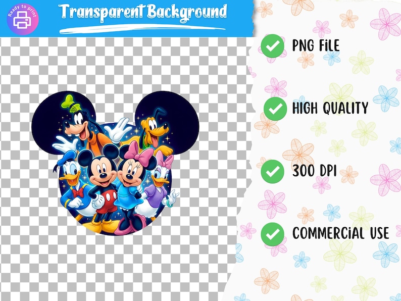May include: A colorful graphic featuring Disney characters Mickey Mouse, Minnie Mouse, Donald Duck, Daisy Duck, Goofy, and Pluto. The image is set against a transparent background and includes text indicating it is a PNG file, high quality, 300 DPI, and for commercial use.