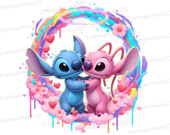 Könnte beinhalten: Digitale Illustration mit den Charakteren Stitch und Angel aus Lilo & Stitch, die sich in einem farbenfrohen, herzförmigen Design umarmen. Das Kunstwerk enthält einen Regenbogen-Heiligenschein, rosa Herzen und florale Akzente, mit dem Text "Dreamy Wonders CO".