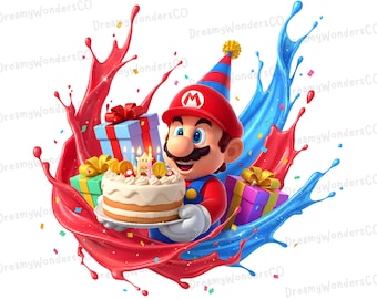 Super Mario Holding Birthday Cake - PNG Design Clipart (Commercial Use)