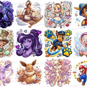 K&ouml;nnte beinhalten: Eine Sammlung farbenfroher Cartoon-Charakter-Illustrationen. Das Bild enth&auml;lt Charaktere wie Ursula, Aladdin, Alice im Wunderland, Pinocchio, den Hutmacher, Megara, Chase von Paw Patrol, Dopey, Espeon, Eevee, Lola Bunny, Mario und Luigi.