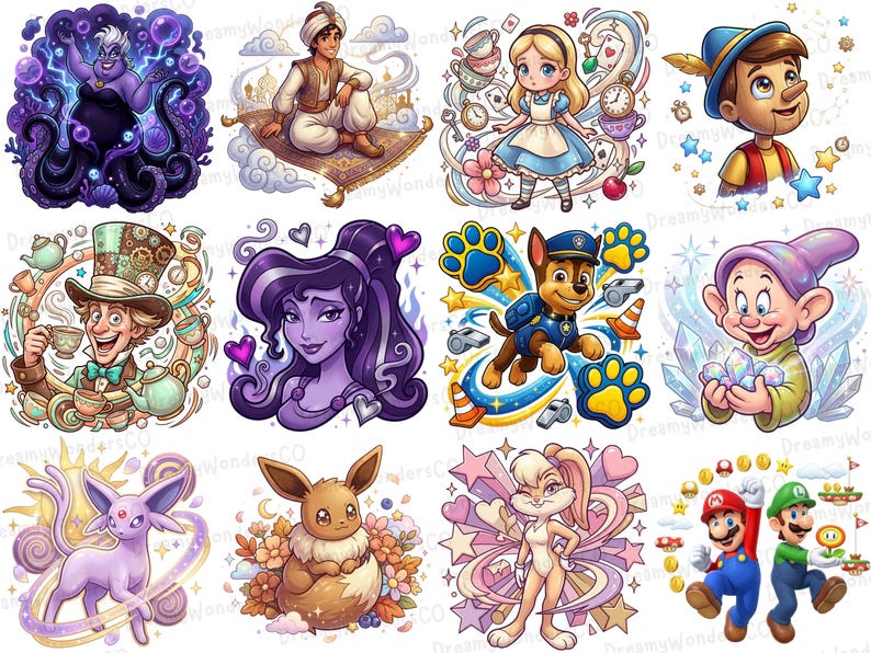 K&ouml;nnte beinhalten: Eine Sammlung farbenfroher Cartoon-Charakter-Illustrationen. Das Bild enth&auml;lt Charaktere wie Ursula, Aladdin, Alice im Wunderland, Pinocchio, den Hutmacher, Megara, Chase von Paw Patrol, Dopey, Espeon, Eevee, Lola Bunny, Mario und Luigi.