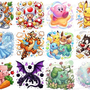 K&ouml;nnte beinhalten: Eine Sammlung farbenfroher Cartoon-Charakter-Illustrationen, darunter Bugs Bunny, Toad, Kirby, Pikachu, Aschenputtel, Tigger, Pok&eacute;mon-Charaktere, eine schwarze Katze, ein Minecraft-Schwein, ein Drache, ein Bisasam und Arielle.