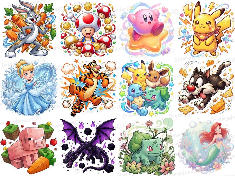 K&ouml;nnte beinhalten: Eine Sammlung farbenfroher Cartoon-Charakter-Illustrationen, darunter Bugs Bunny, Toad, Kirby, Pikachu, Aschenputtel, Tigger, Pok&eacute;mon-Charaktere, eine schwarze Katze, ein Minecraft-Schwein, ein Drache, ein Bisasam und Arielle.