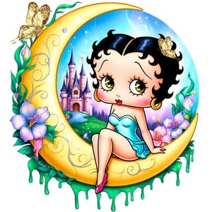 Betty Boop digital sentada en la luna PNG y SVG Diseño Clipart - uso comercial, descarga instantánea, cricut, sublimación, camiseta, taza, bolsa