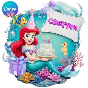 Anniversaire numérique de la princesse Ariel personnalisable sur toile + PNG Design Clipart - utilisation commerciale, téléchargement immédiat, cricut, sublimation, t-shirt