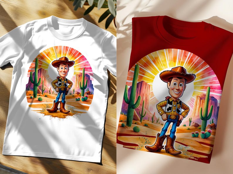 May include: White and red t-shirts with a cartoon image of Woody from Toy Story. Woody is wearing his signature cowboy hat, vest, and jeans. He is standing in a desert landscape with cacti and a sunset in the background.