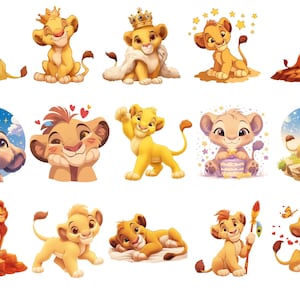 Puede incluir: Un conjunto de 16 ilustraciones de leones de dibujos animados. Los leones est&aacute;n en varias poses y expresiones, algunos con coronas, otros con estrellas y otros con corazones. Los leones son todos amarillos y marrones.