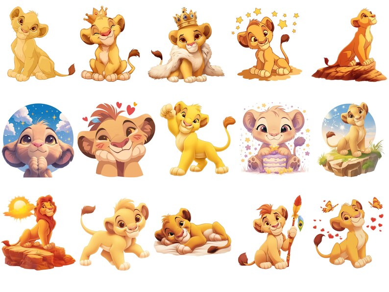 Puede incluir: Un conjunto de 16 ilustraciones de leones de dibujos animados. Los leones est&aacute;n en varias poses y expresiones, algunos con coronas, otros con estrellas y otros con corazones. Los leones son todos amarillos y marrones.
