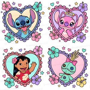May include: Four colorful illustrations of characters from a popular animated film. Each character is framed within a heart-shaped border, adorned with hibiscus flowers and stars. The characters include a blue alien, a pink alien, a young girl, and a green voodoo doll.