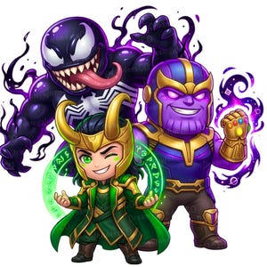 May include: Illustration of three Marvel characters: Venom, Loki, and Thanos. Venom is a black figure with a white spider symbol and a long pink tongue. Loki is in green and gold, winking. Thanos is purple with the Infinity Gauntlet.