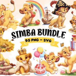 May include: A digital clipart bundle featuring various illustrations of Simba from The Lion King. The illustrations include Simba wearing a pirate hat, a crown, and a birthday cake. The bundle includes 95 PNG and SVG files.