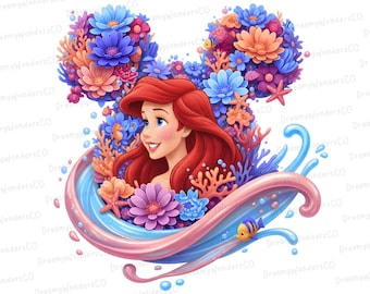 Little Mermaid Princess Ariel Fishes Mouse Silhouette Splash Clipart: PNG Digital Design