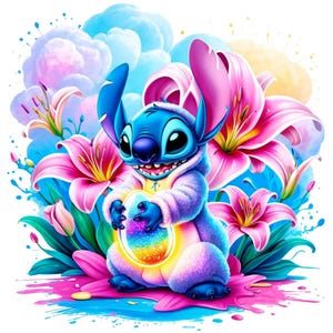 Digital cute Stitch Easter Watercolor Splash PNG Design Clipart -commercial use, instant download ,cricut, sublimation, t shirt, mug, boy