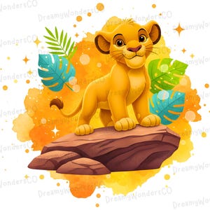 May include: A watercolour illustration of a golden lion cub standing on a brown rock. The background features orange and yellow watercolour splashes, with green and blue leaves. The image has a playful and whimsical style.
