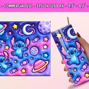 May include: A tumbler featuring a cartoon character in a space-themed design. The design includes planets, stars, and a crescent moon in shades of blue, purple, and pink. The tumbler is held by a hand.