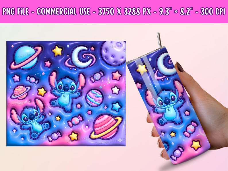 May include: A tumbler featuring a cartoon character in a space-themed design. The design includes planets, stars, and a crescent moon in shades of blue, purple, and pink. The tumbler is held by a hand.