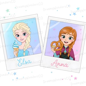 Può includere: Due ritratti di cartoni animati in cornici Polaroid. Uno presenta una donna bionda che tiene in mano un cono gelato, l'altro una rossa con un pretzel. I nomi "Elsa" e "Anna" sono scritti sotto.