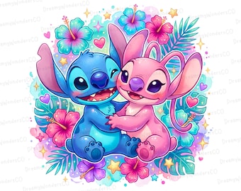 Stitch and Angel Tropical Hug PNG – Tropical Friendship Cartoon Love Design (Digital Download)