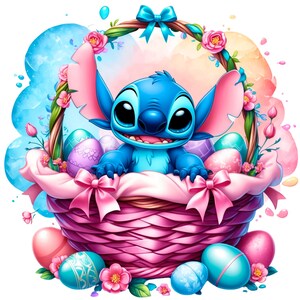 Digital cute Stitch Easter Basket Watercolor Splash PNG Design Clipart -commercial use, instant download ,cricut, sublimation, t shirt, mug