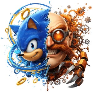 May include: Digital art featuring Sonic the Hedgehog and Dr. Eggman, split down the middle. Sonic is blue with a tan muzzle, surrounded by blue and gold rings. Dr. Eggman has a bald head, orange goggles, and a large mustache, with gears and robotic elements.