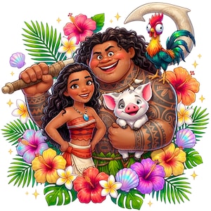 Peut inclure: Illustration colorée avec des personnages d'un film d'animation populaire. L'image comprend une femme, un grand homme tatoué, un cochon et un coq, entourés de fleurs et de feuillages tropicaux. Les personnages sourient.
