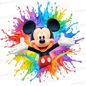 May include: Illustration of Mickey Mouse against a backdrop of colourful paint splashes. Mickey is smiling with open arms, wearing black shorts, red shorts, and white gloves. The background features vibrant splashes of red, blue, yellow, and purple.