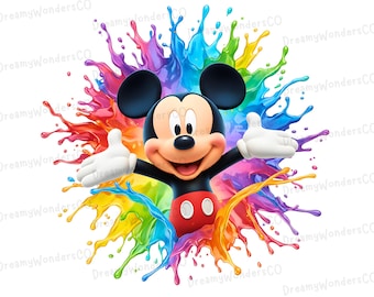 Paquete de 5 imágenes prediseñadas PNG con diseño de salpicaduras de pintura arcoíris de Mickey (uso comercial)