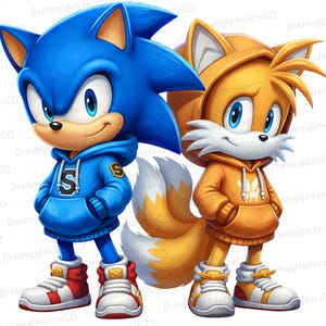 Può includere: Illustrazione di Sonic the Hedgehog e Tails, entrambi con felpe con cappuccio e scarpe da ginnastica. Sonic è blu, con una felpa blu con una "S". Tails è arancione, con una felpa arancione. Sono uno accanto all'altro.