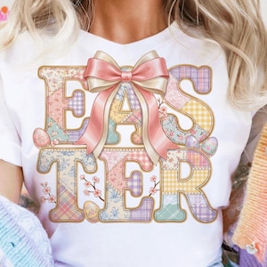 Kokette Ostern PNG Patchwork Buchstaben mit rosa Schleife – Vintage Blumenfrühling | Sublimationsdesign