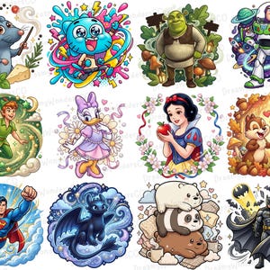 K&ouml;nnte beinhalten: Eine Sammlung farbenfroher Cartoon-Charakter-Illustrationen, darunter eine Ratte als Koch, Gumball, Shrek, Buzz Lightyear, Peter Pan, Daisy Duck, Schneewittchen, Chip und Chap, Superman, Ohnezahn, die We Bare Bears und Batman.