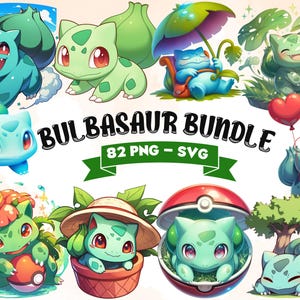 Könnte beinhalten: Ein digitales Clipart-Paket mit 82 Bulbasaur-Pokémon-Charakteren in verschiedenen Posen und Umgebungen. Die Charaktere sind im Cartoon-Stil mit leuchtenden Farben und verspielten Gesichtsausdrücken dargestellt. Das Paket enthält PNG- und SVG-Dateien.
