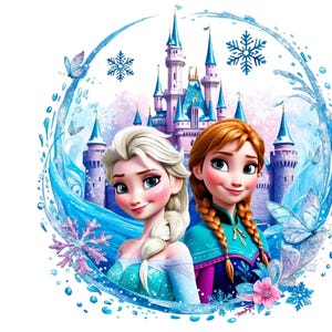 Digital Princess Elsa and Anna Frozen Watercolor Castle PNG Design Clipart - commercial use, instant download, cricut, sublimation, t shirt