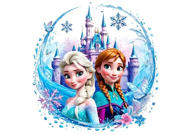 Digital Princess Elsa and Anna Frozen Watercolor Castle PNG Design Clipart - commercial use, instant download, cricut, sublimation, t shirt