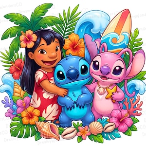 Puede incluir: Ilustración colorida con tres personajes de dibujos animados: una niña con un vestido rojo, un extraterrestre azul y un extraterrestre rosa. Están rodeados de flores tropicales, conchas marinas y una tabla de surf, con olas de mar. Tema tropical.